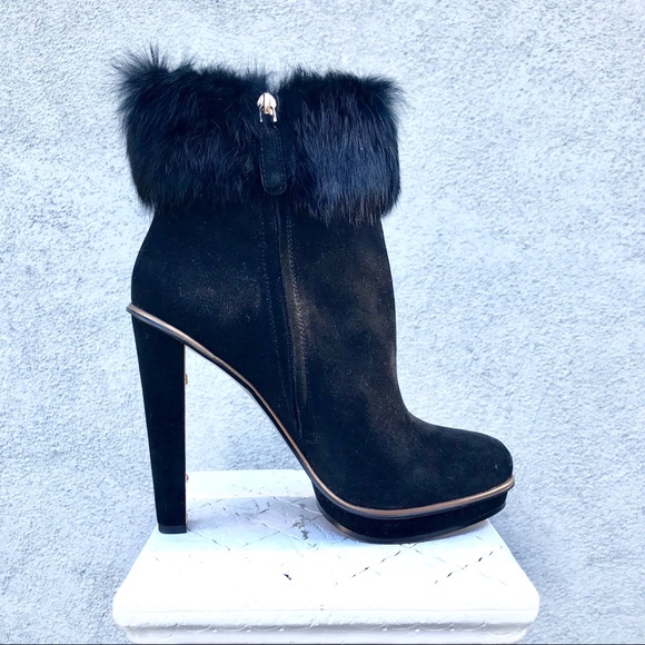 BCBGMAXAZRIA BLACK PLATFORM SUEDE/RABBIT FUR BOOTS - Picture 1 of 8